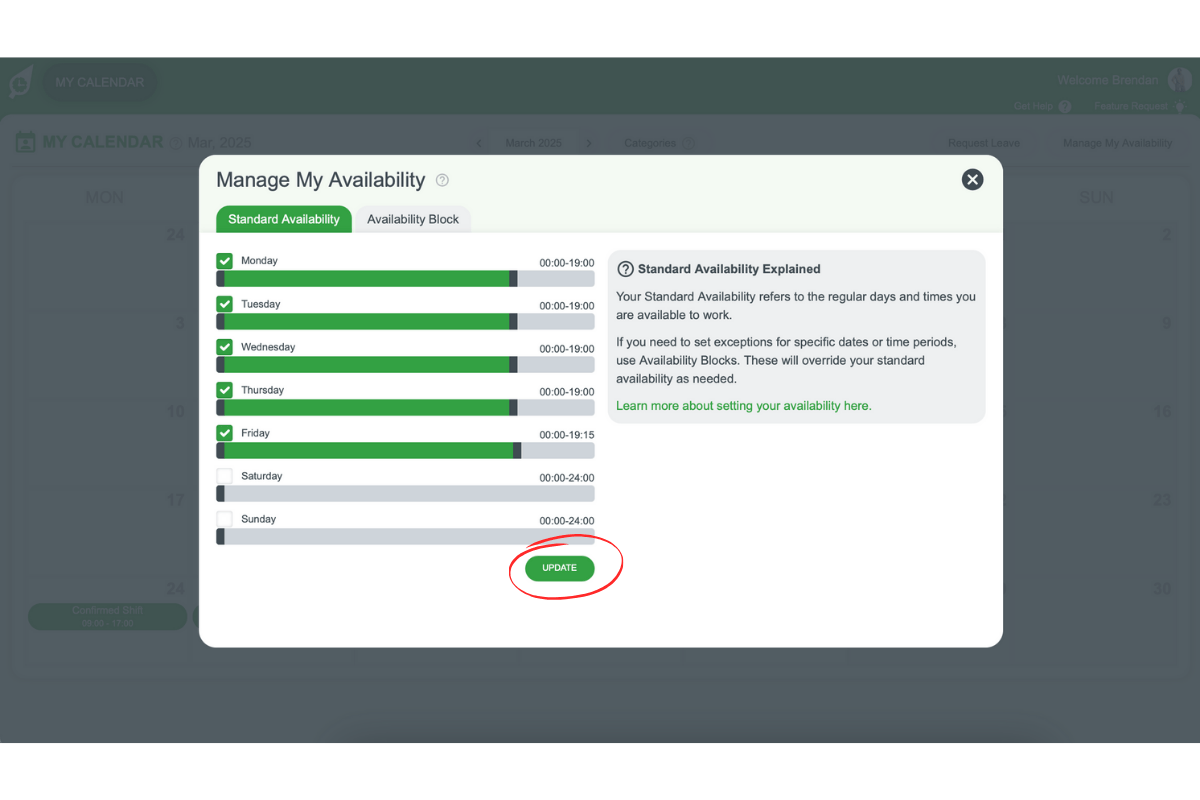 Example of adjusting or saving changes to availability in RosterElf