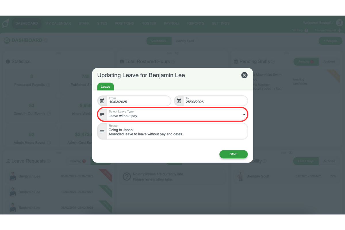 Screenshot indicating the leave type dropdown