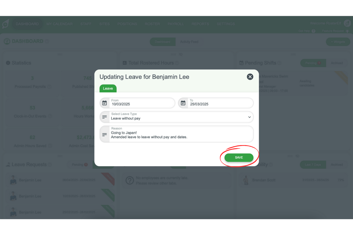 Screenshot showing the Save button for finalising changes