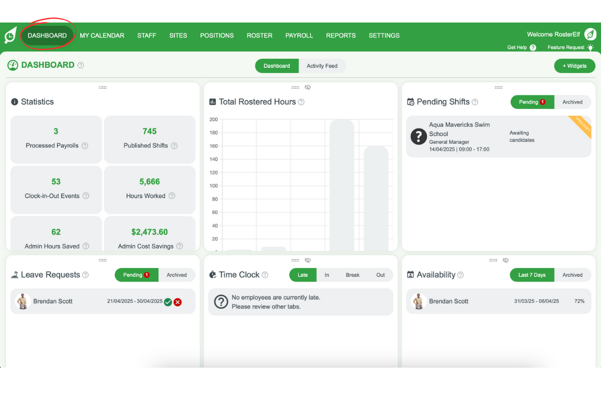 Screenshot showing the RosterElf dashboard