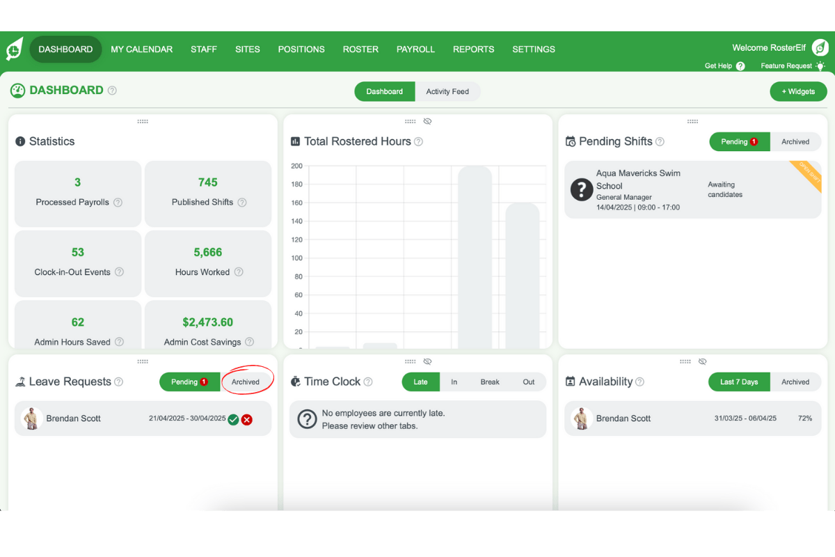 Screenshot highlighting the archived tab in the leave widget