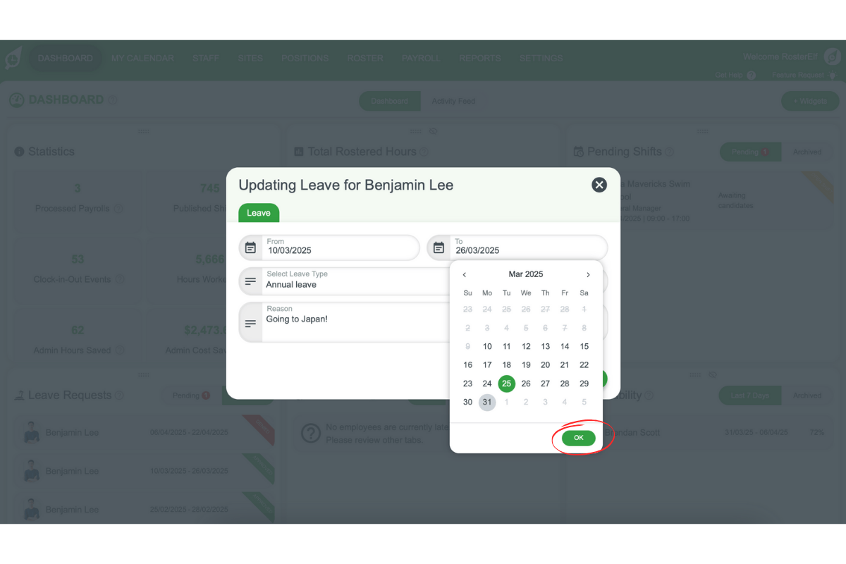 Screenshot demonstrating how to select new leave dates and type