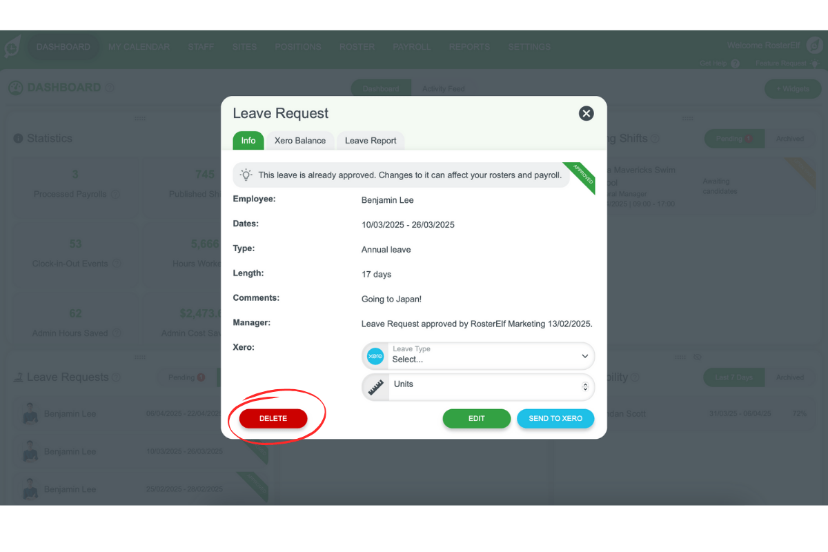 Screenshot indicating the Delete button for a leave entry