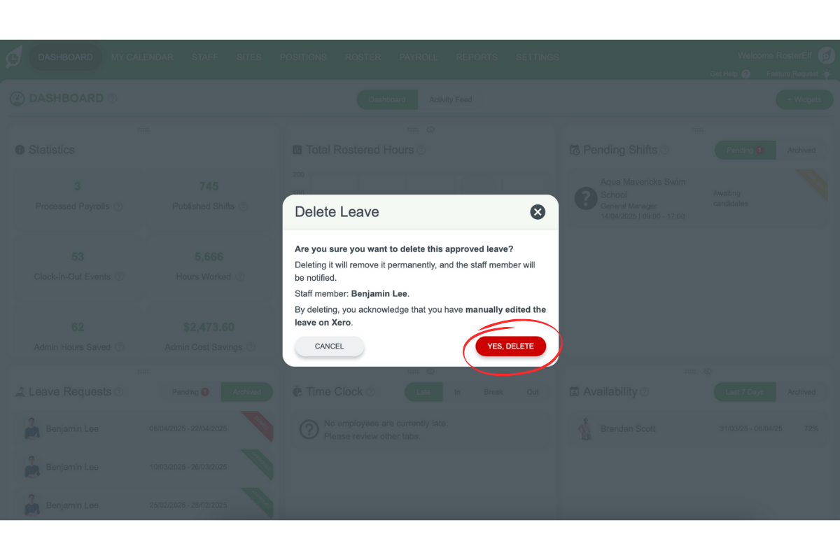 Screenshot showing the final confirmation to delete a leave entry