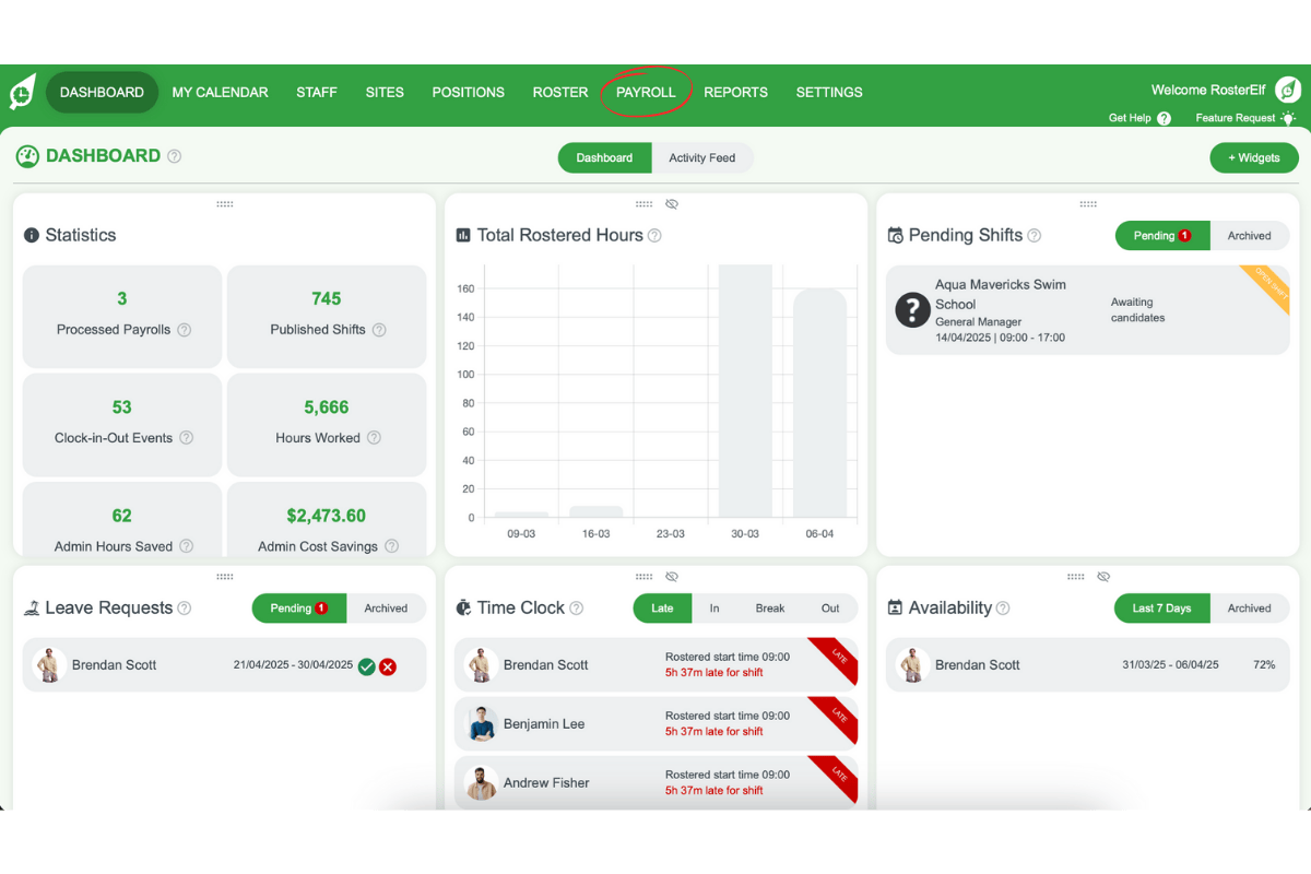 Screenshot showing RosterElf's Payroll tab in the top menu