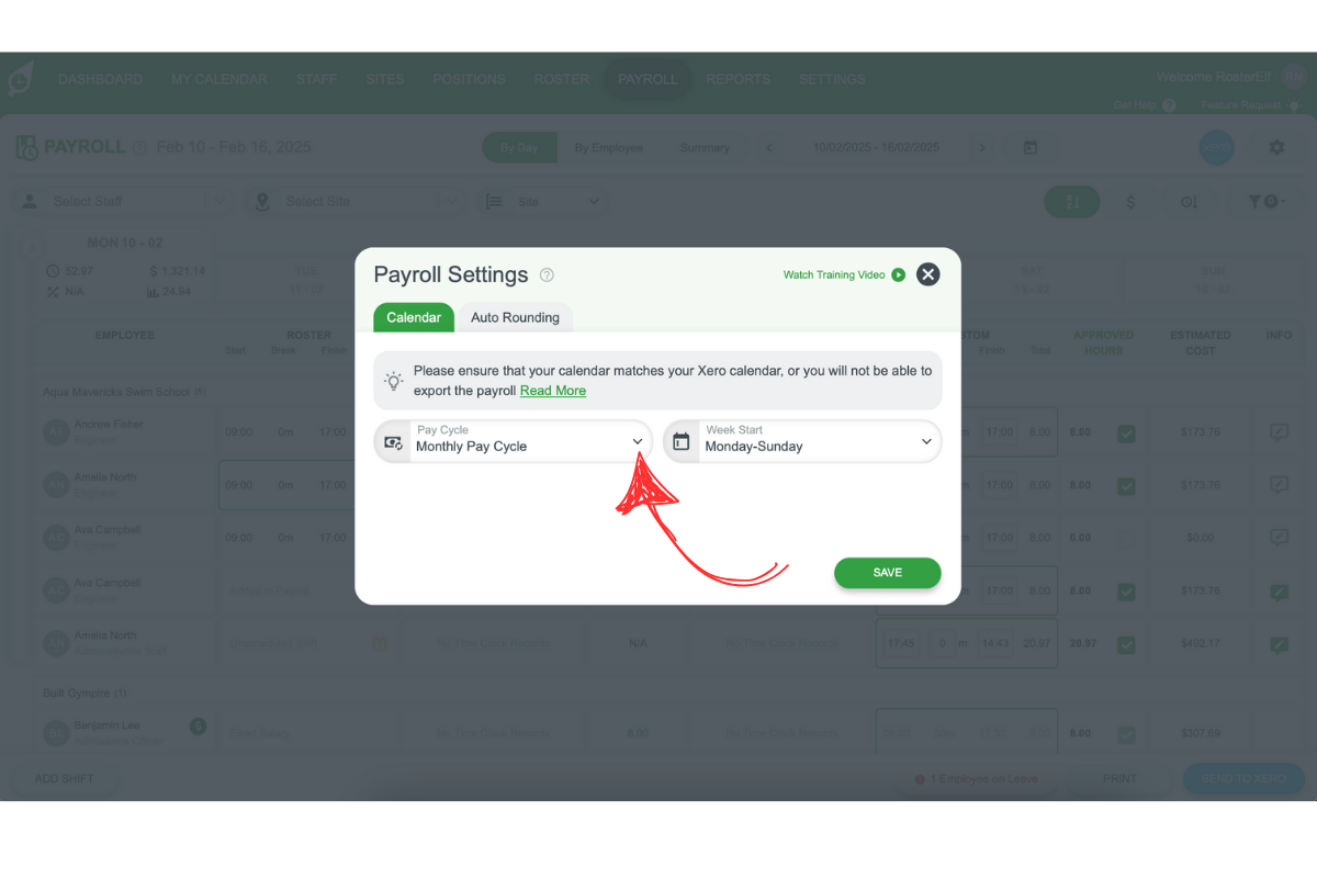Screenshot displaying the option to choose Monthly payroll frequency