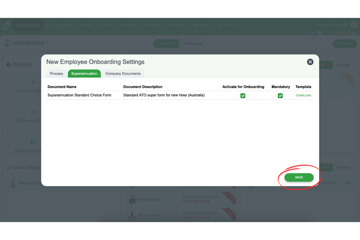 Screenshot of RosterElf's Company Documents section