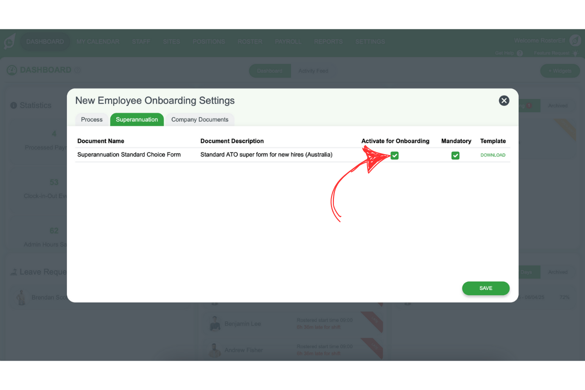 Screenshot indicating the Activate for Onboarding button