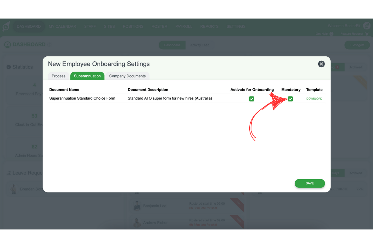 Screenshot highlighting the Mandatory setting for superannuation