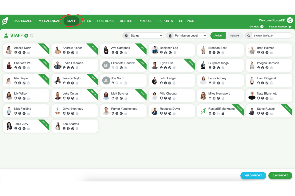 RosterElf Staff tab in the top menu