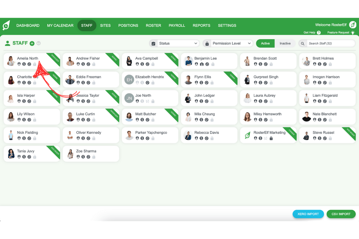 Choosing a specific staff member from the RosterElf staff list