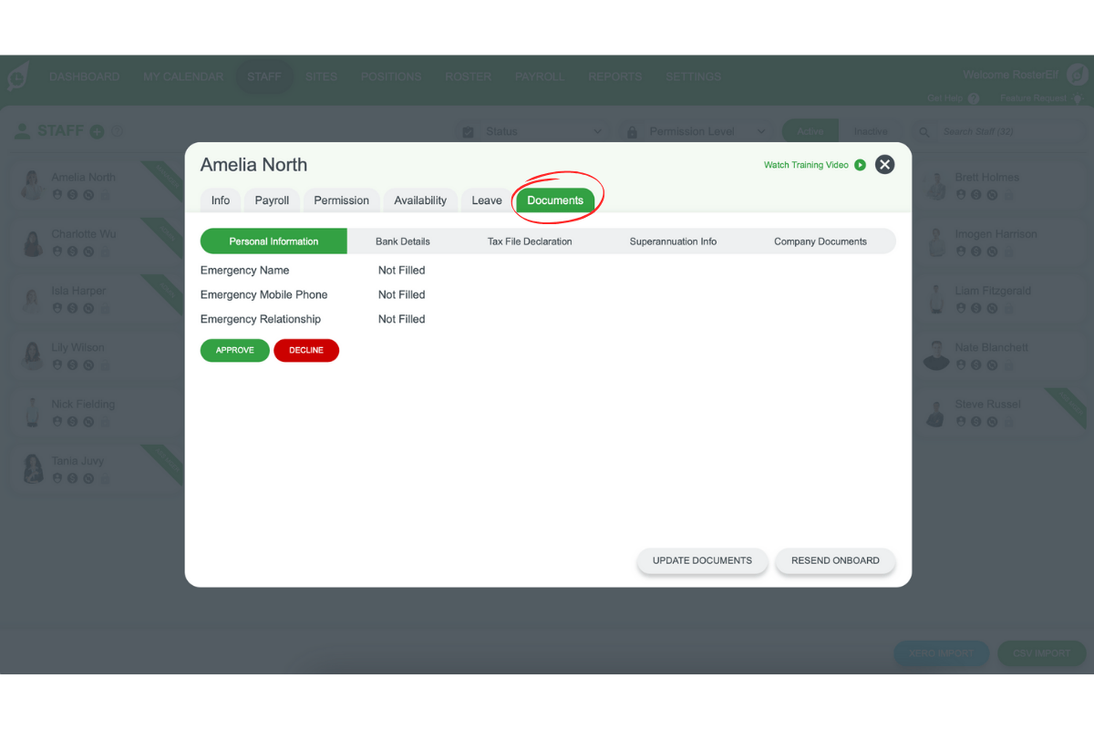 Documents tab within a staff member’s profile