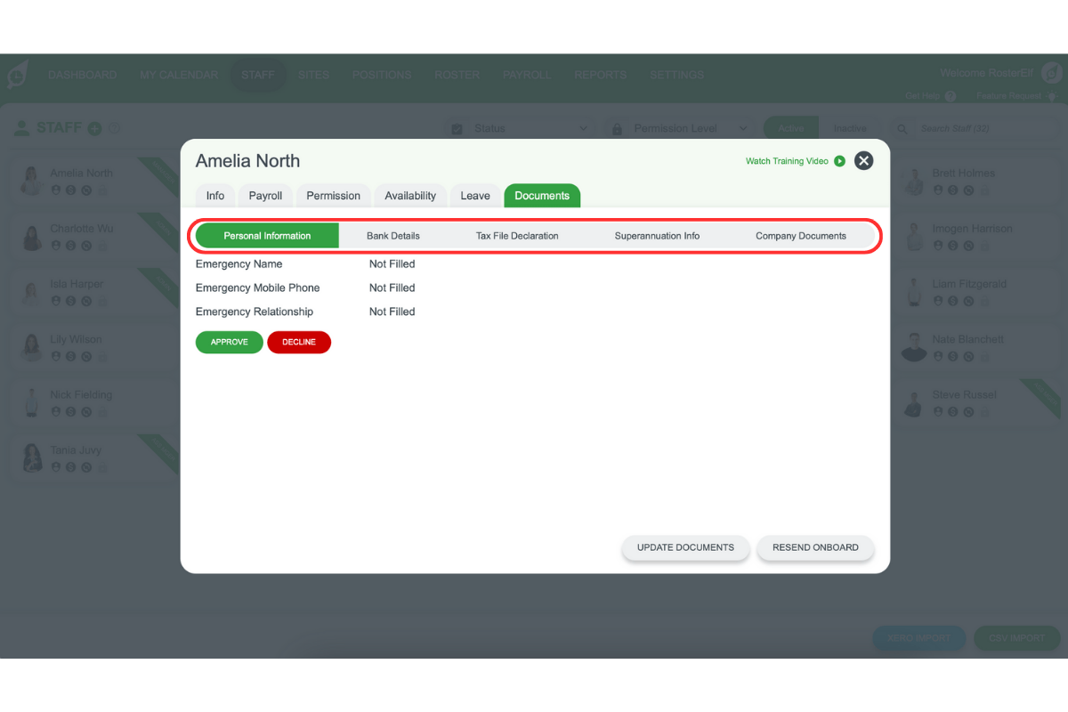 Different tabs displaying staff onboarding information