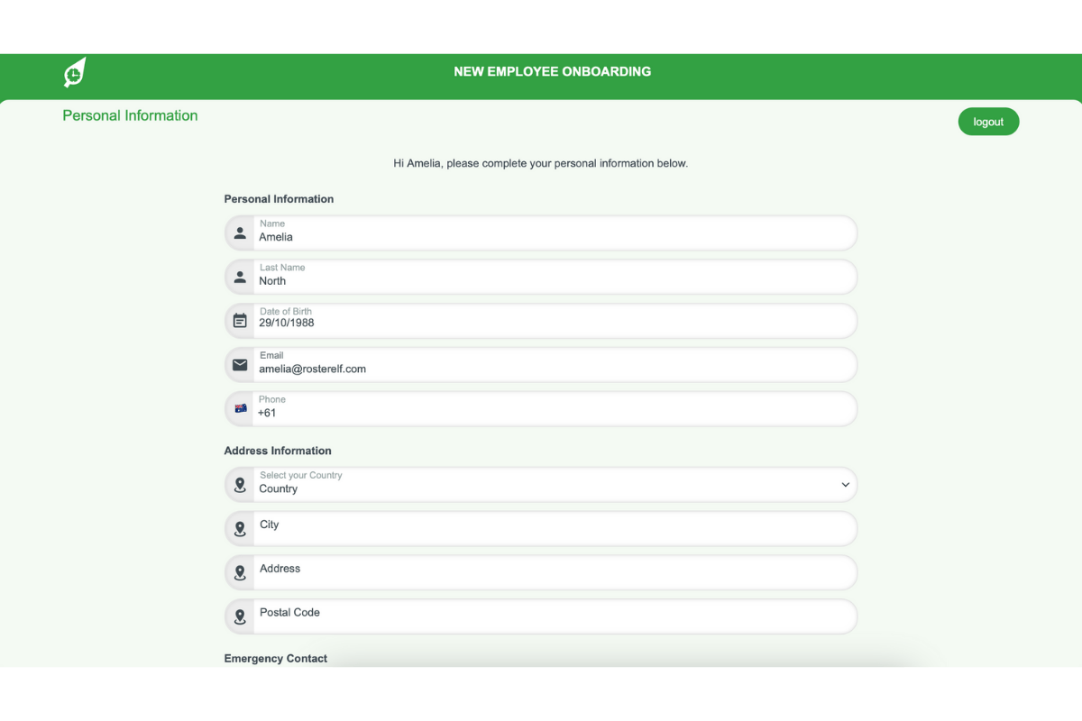 Screenshot showing personal information form in RosterElf