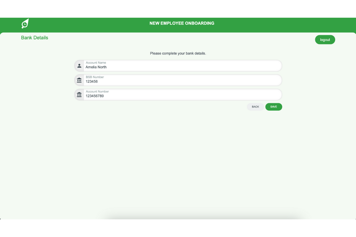 Screenshot of RosterElf's bank details section