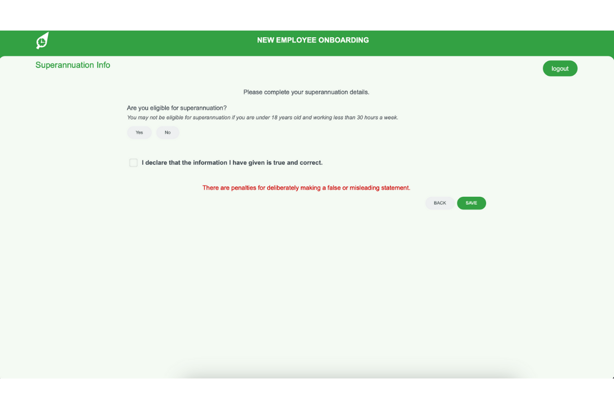 Superannuation details screen in RosterElf