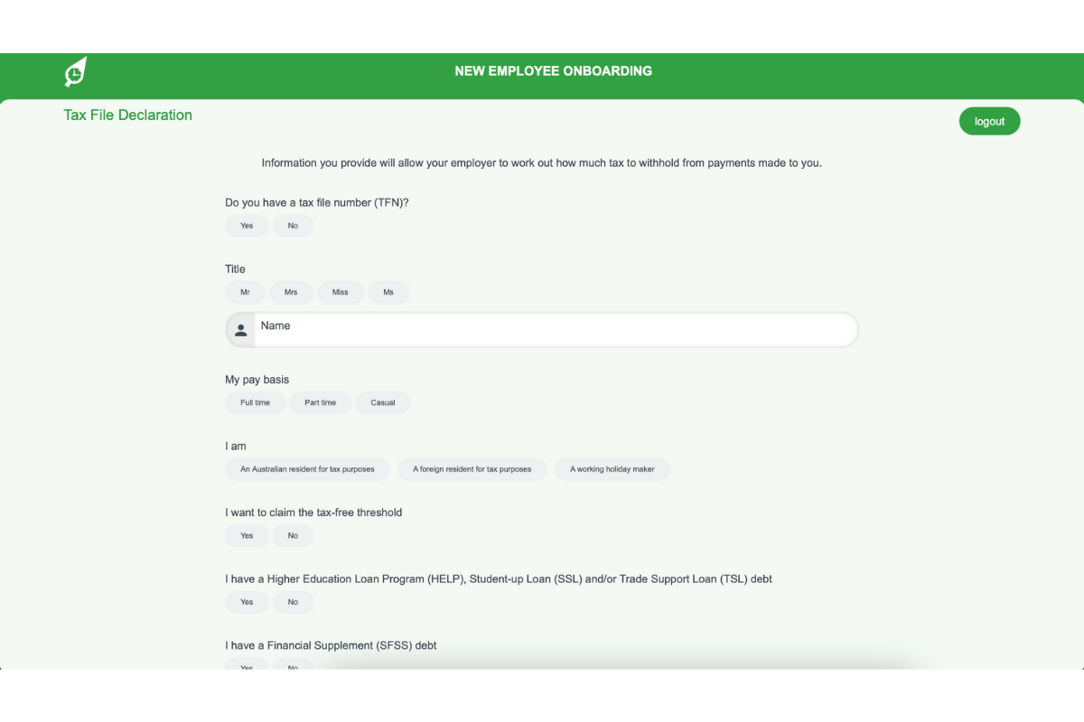 Tax File Declaration form within RosterElf onboarding