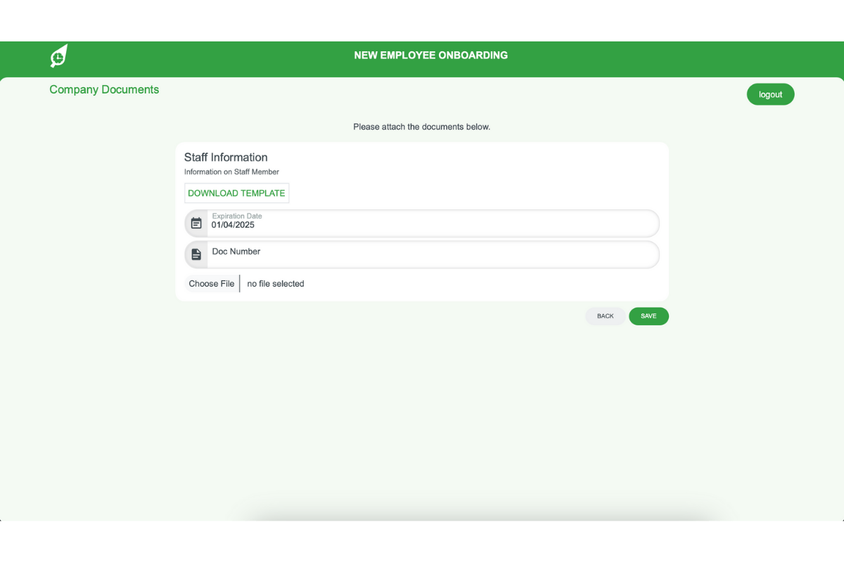 Company document upload screen in RosterElf