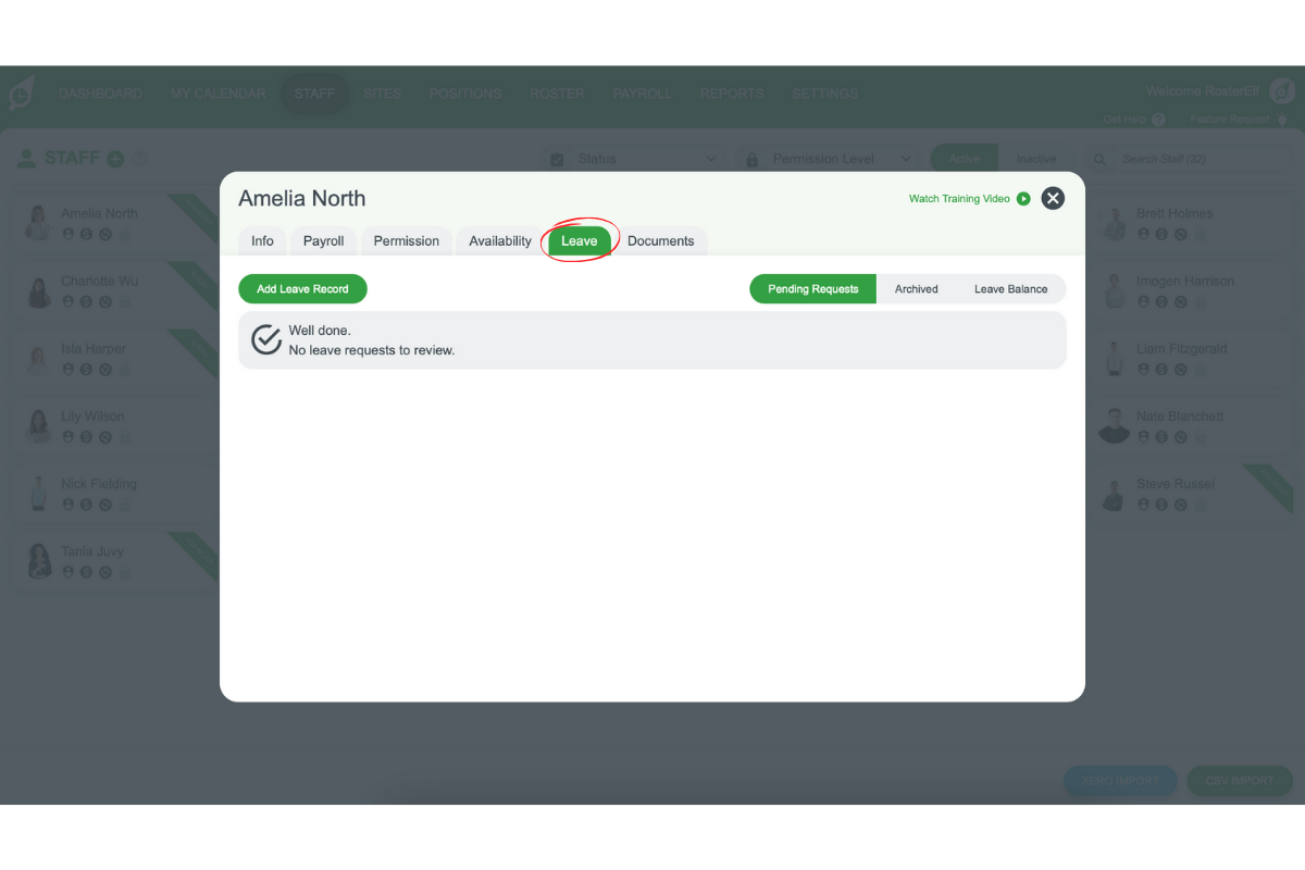 Leave tab within a RosterElf staff member's profile