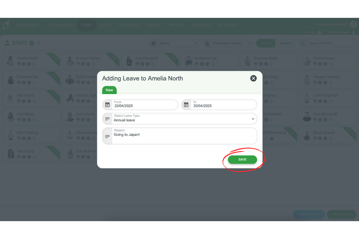 Popup with leave details (date range, type, reason)