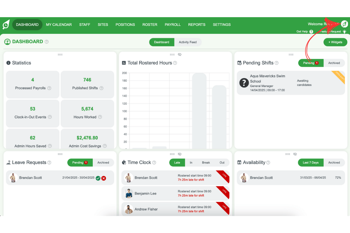 Screenshot of the RosterElf user avatar menu