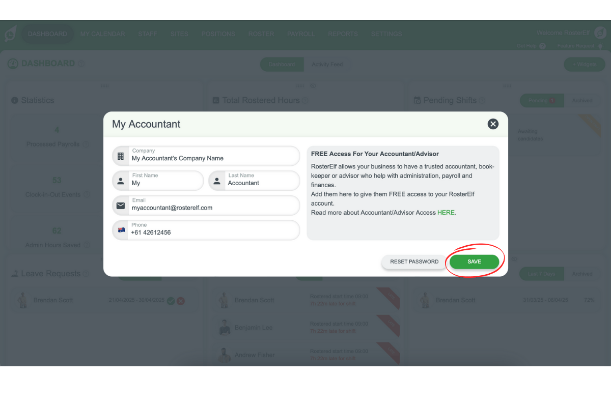 Button to save Accountant details