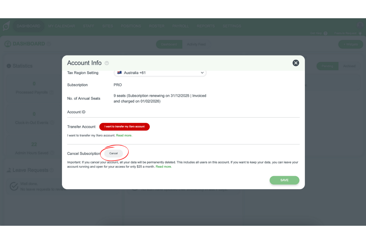 Screenshot of the Cancel Subscription section in RosterElf