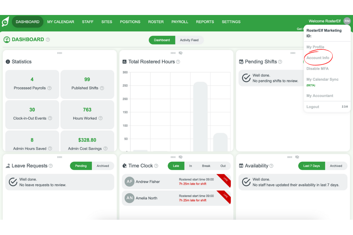 Dropdown menu with Account Info highlighted in RosterElf