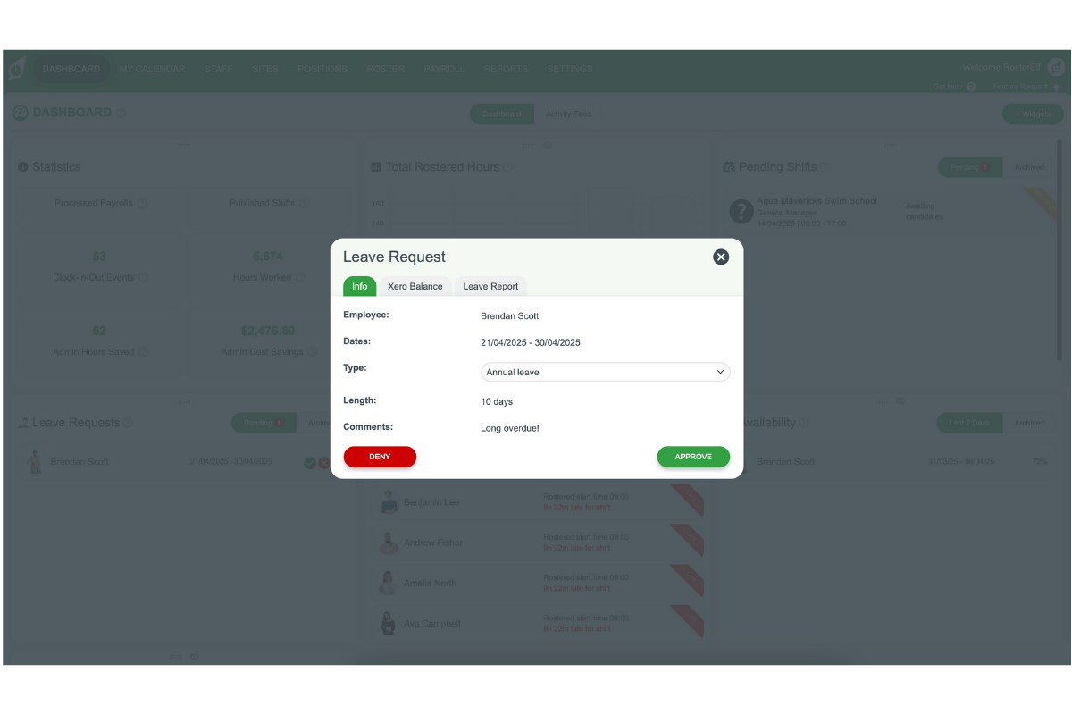 Screenshot highlighting the Info tab details of a leave request
