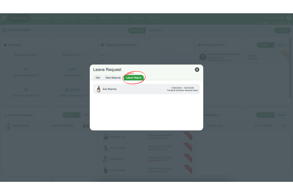 Screenshot of the RosterElf leave report highlighting overlapping leave