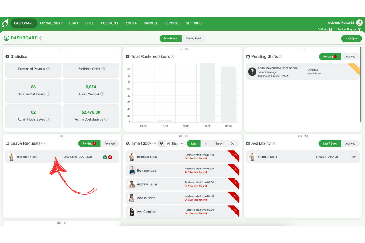 Screenshot displaying a pending leave request in RosterElf's dashboard