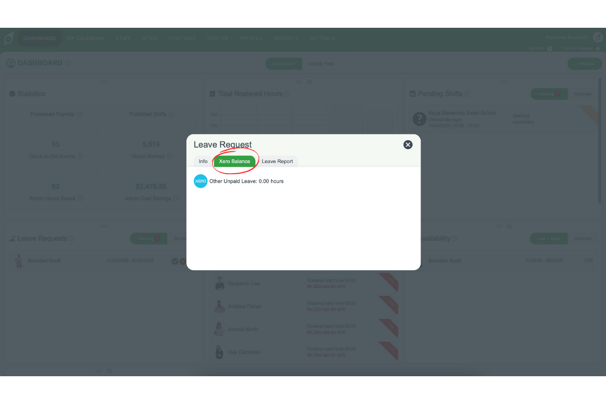 Screenshot showing the Xero Balance tab in RosterElf