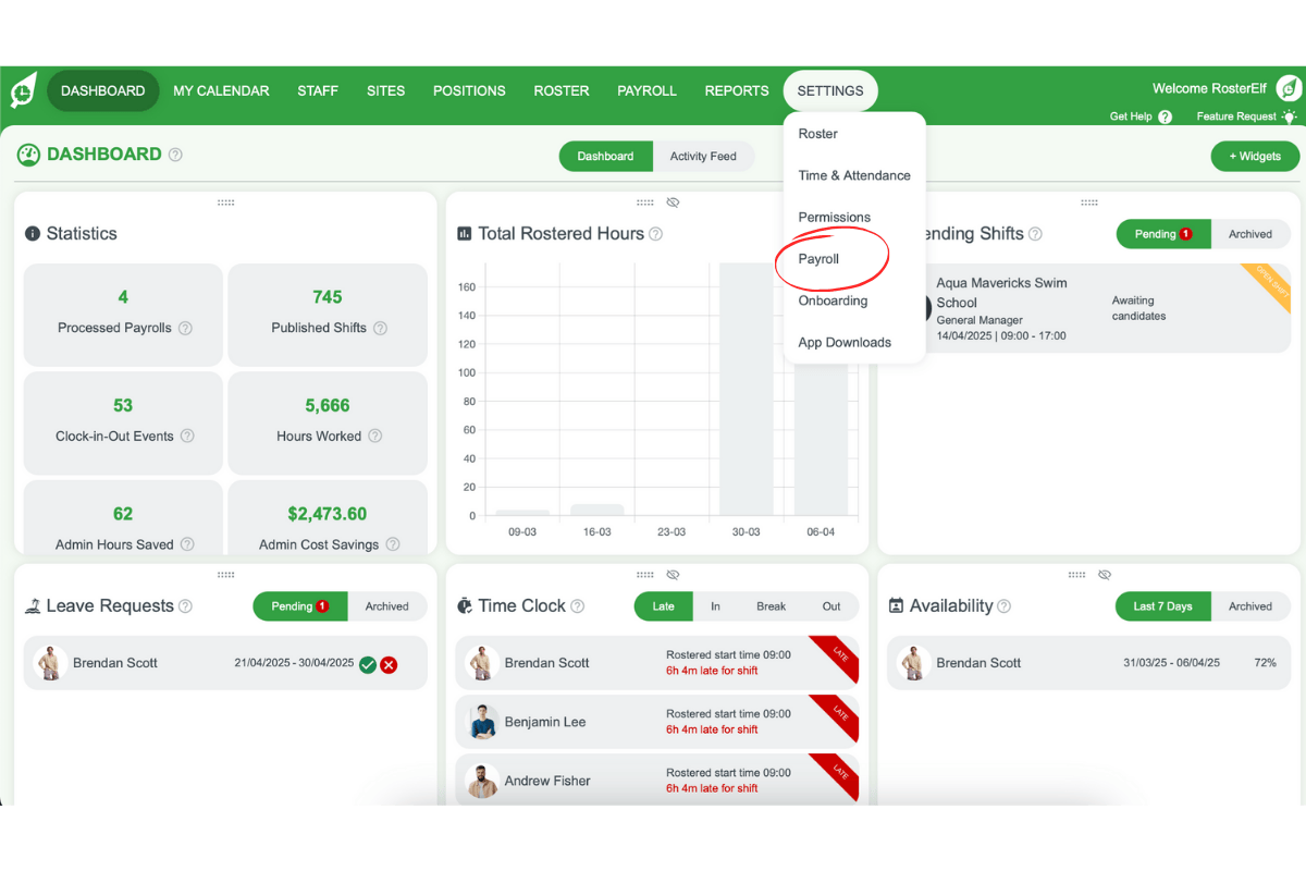 Screenshot showing the RosterElf Settings menu with Payroll highlighted