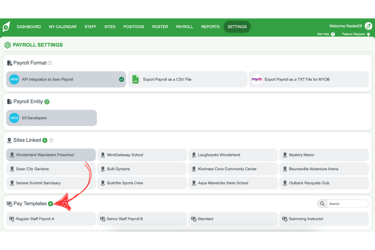 Screenshot highlighting the plus icon to add a new pay template