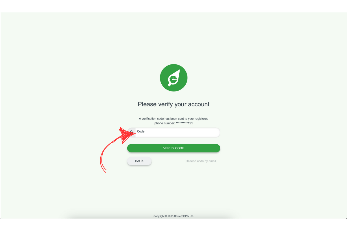 Screenshot of the RosterElf MFA login screen with a code entry field