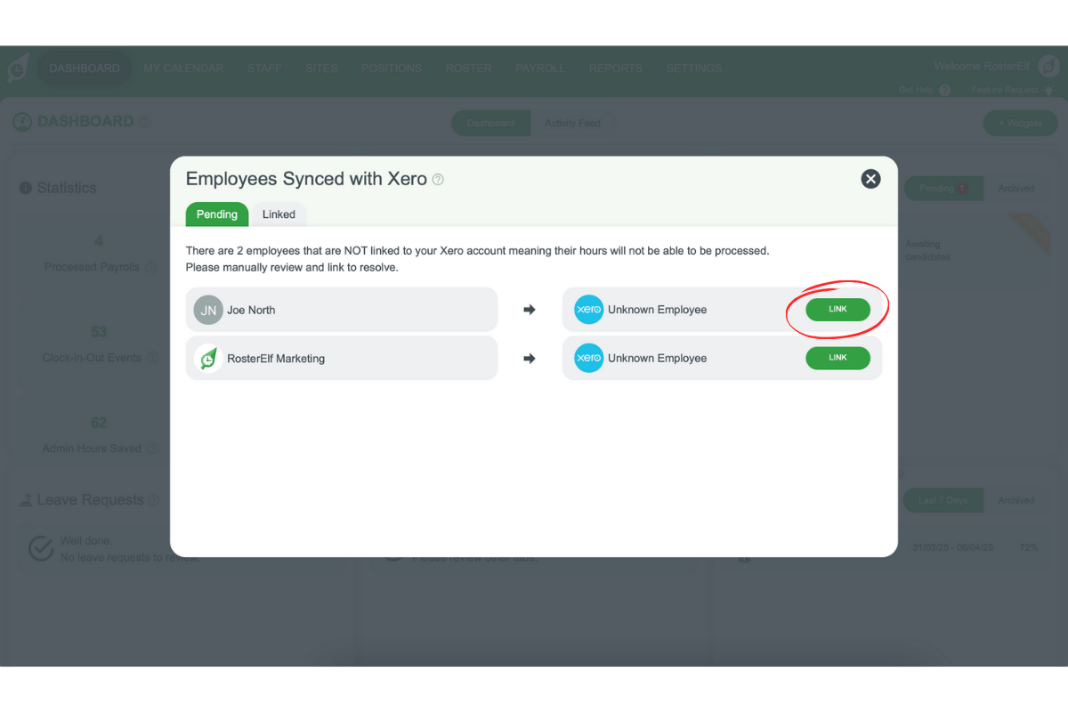 Screenshot highlighting the Link button for pending staff