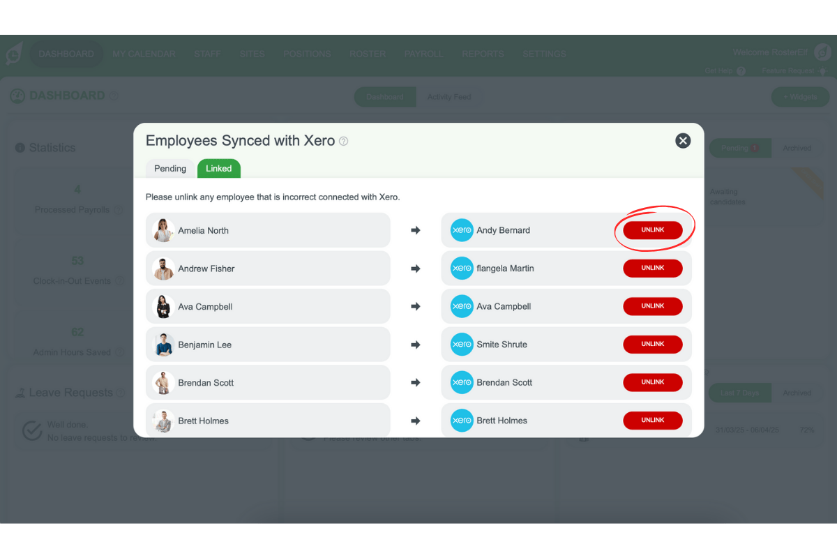 Screenshot showing the Unlink button for a staff member in RosterElf