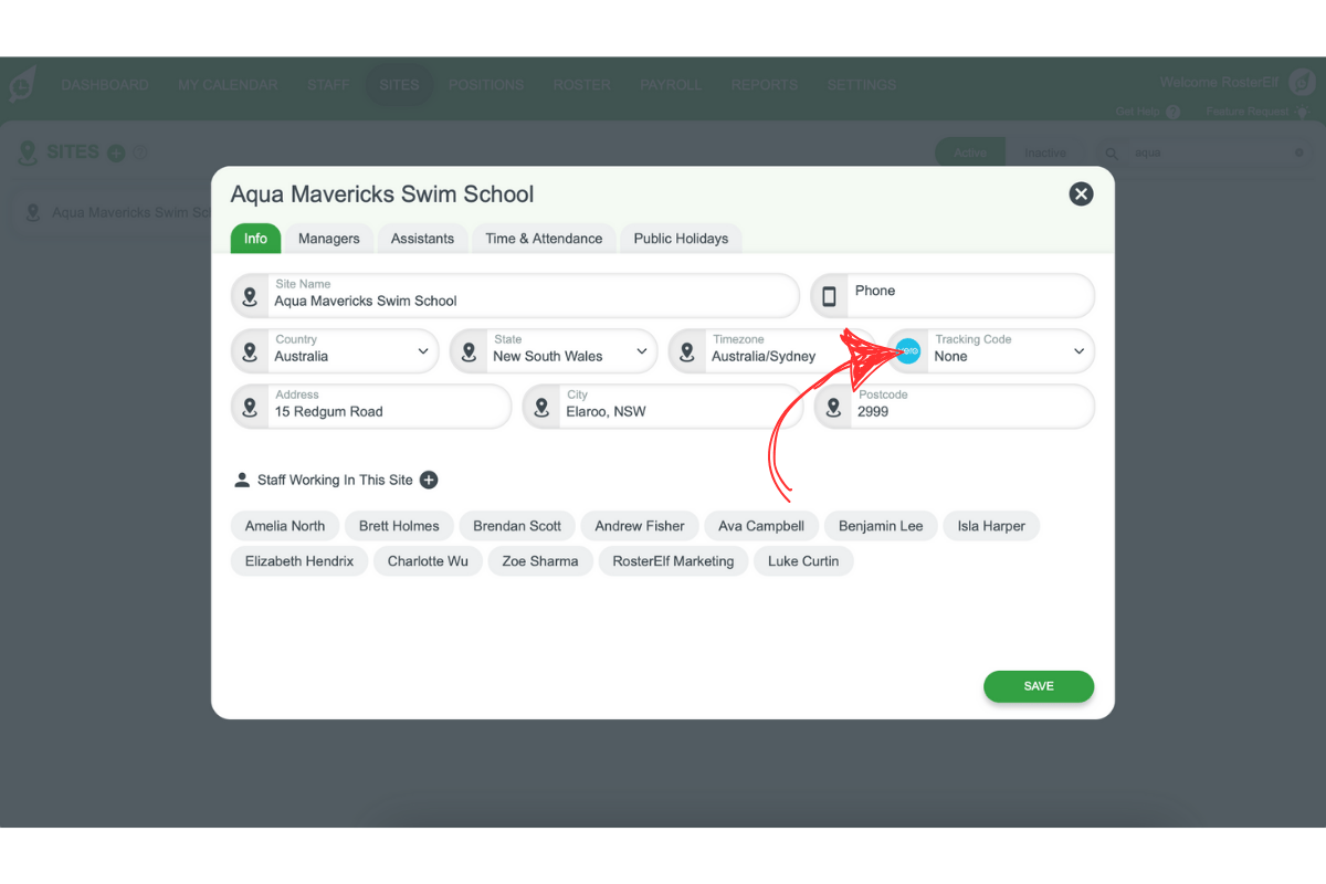 Screenshot showing Xero Tracking Code dropdown in a RosterElf site