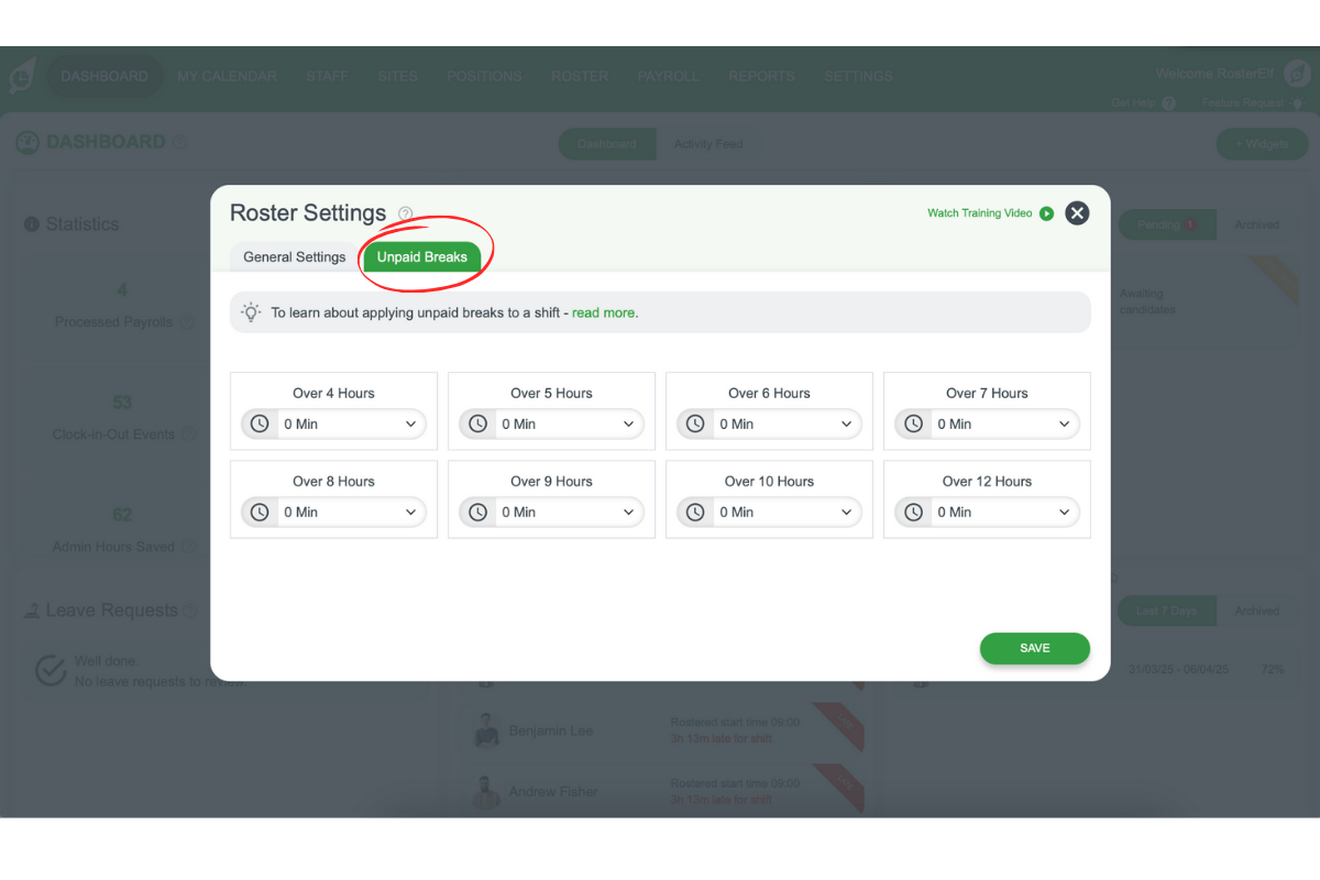 Screenshot showing the Unpaid Breaks tab in RosterElf’s Roster Settings