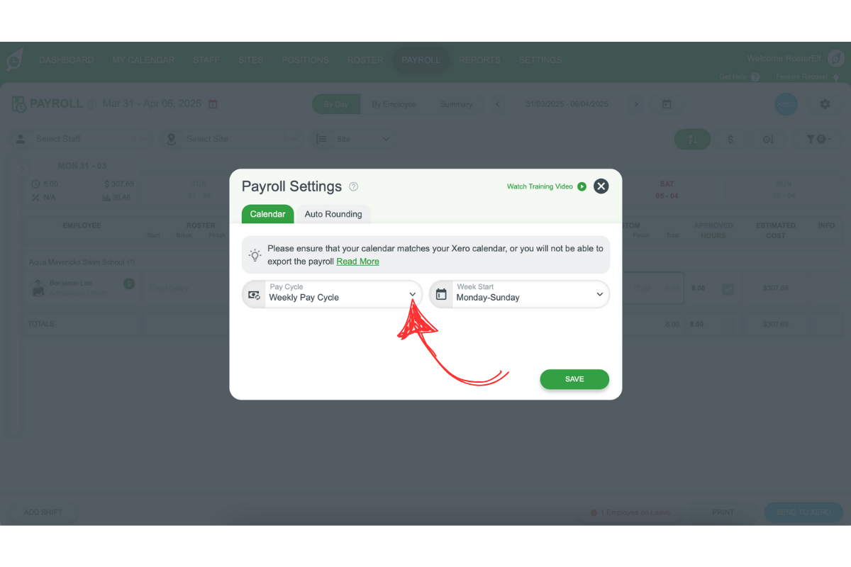 Screenshot illustrating the Fortnightly payroll cycle option in RosterElf