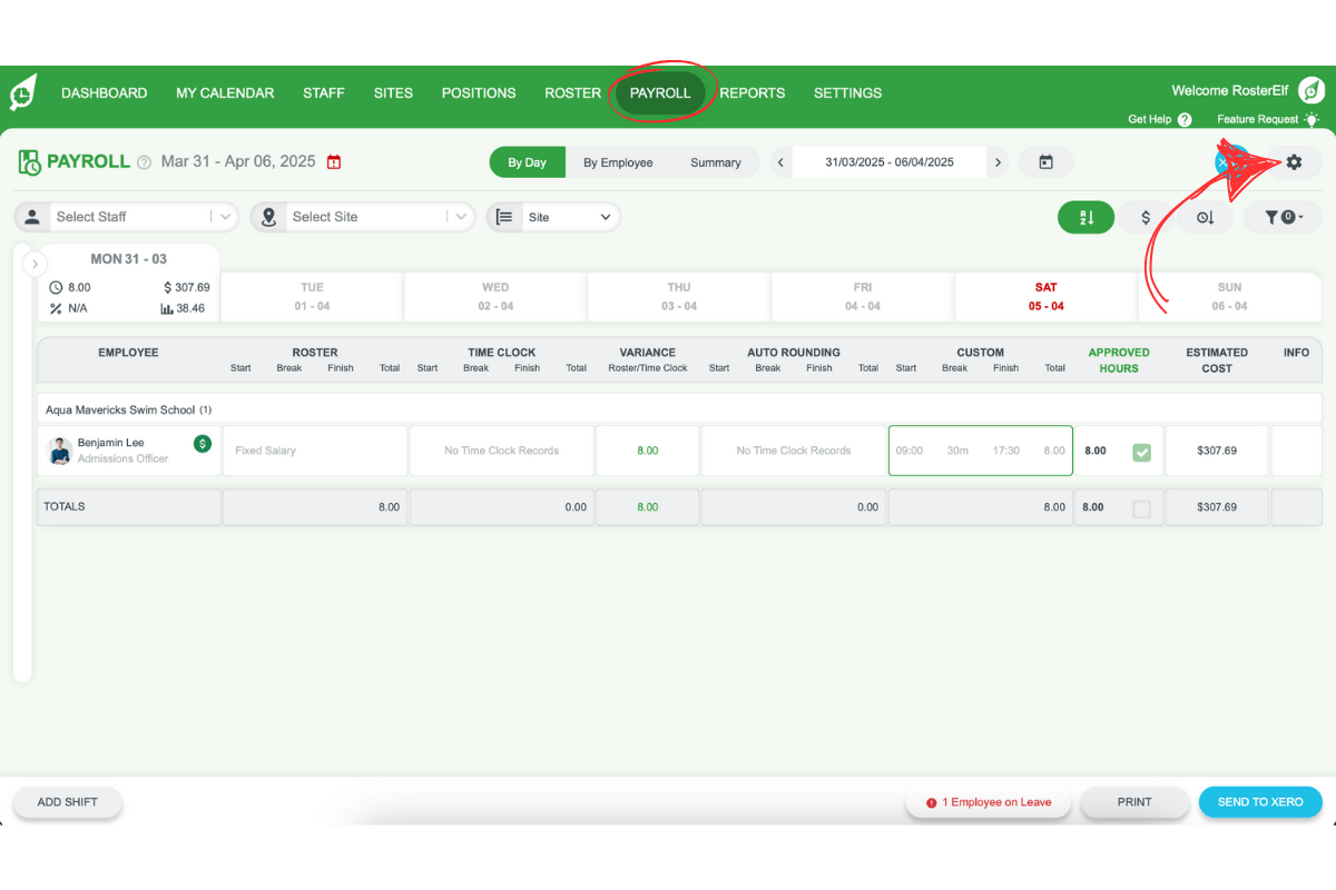 Screenshot of RosterElf Payroll settings gear