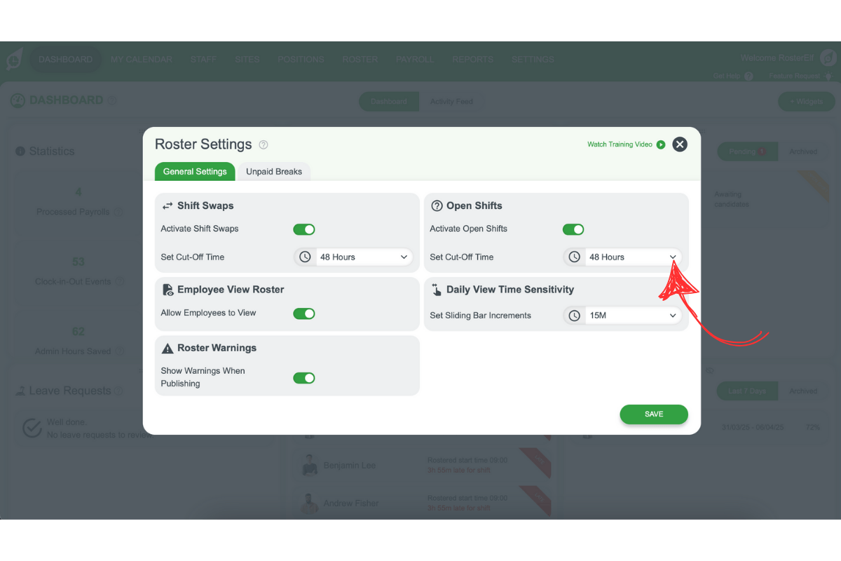 Screenshot illustrating the shift swap cut-off time options in RosterElf