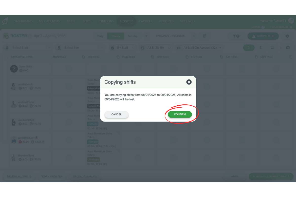 Screenshot showing the confirmation process for pasting shifts in RosterElf