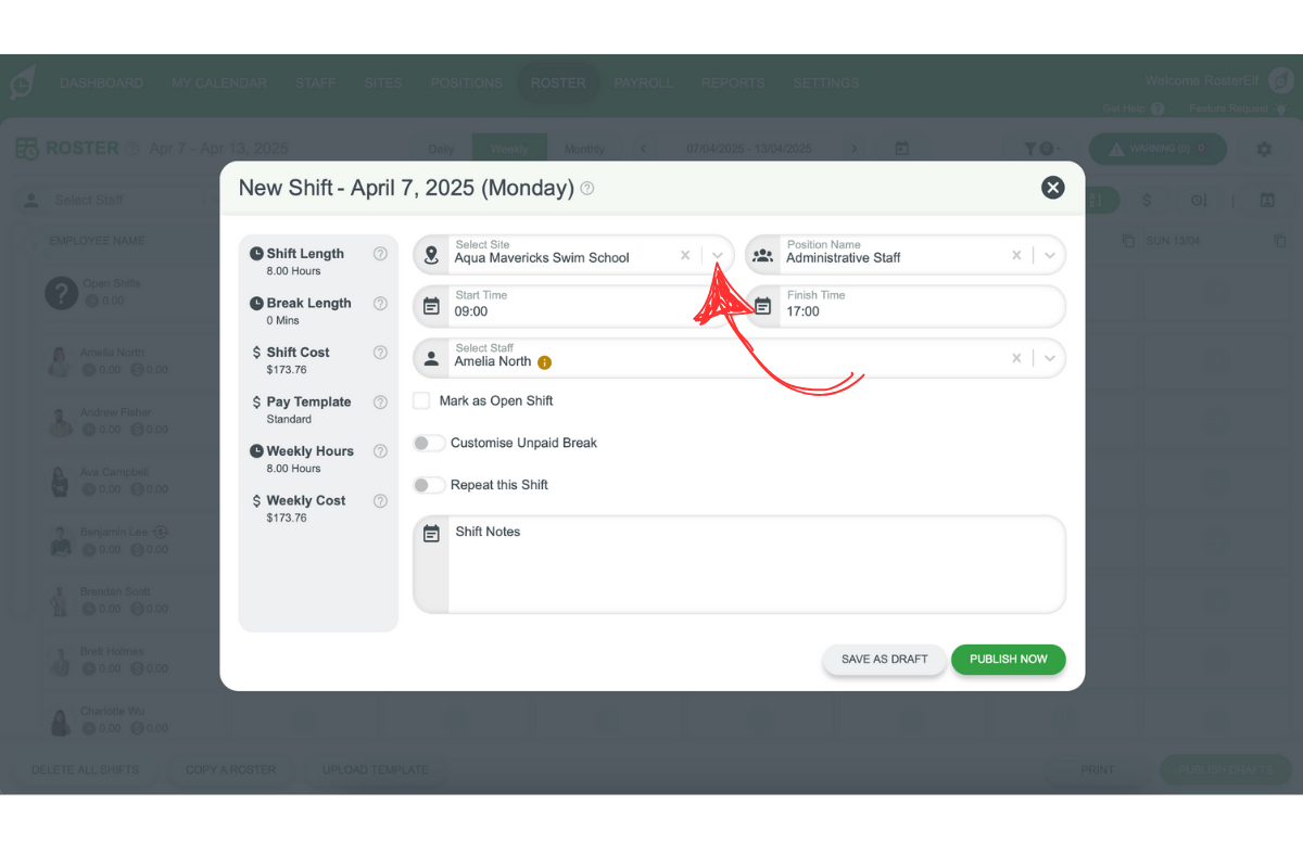 Screenshot illustrating site selection in RosterElf’s shift modal