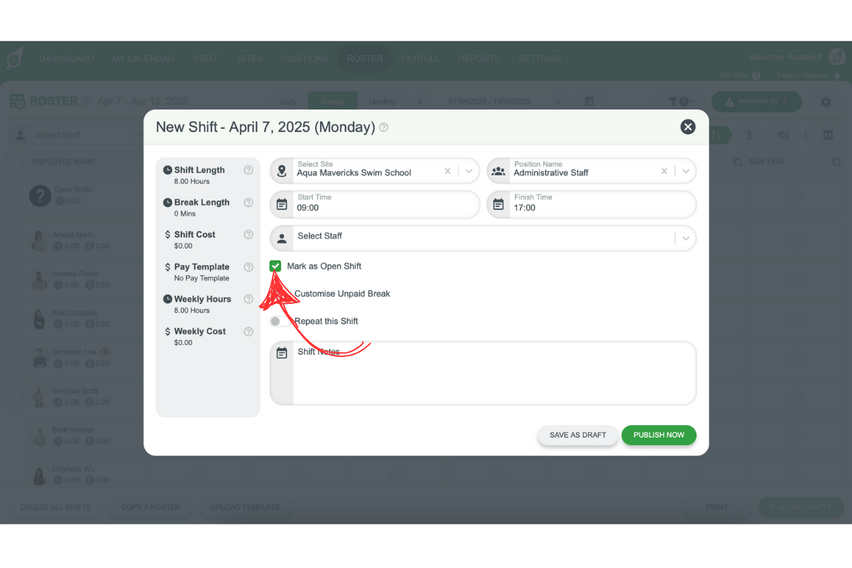 Screenshot demonstrating the open shift checkbox in RosterElf