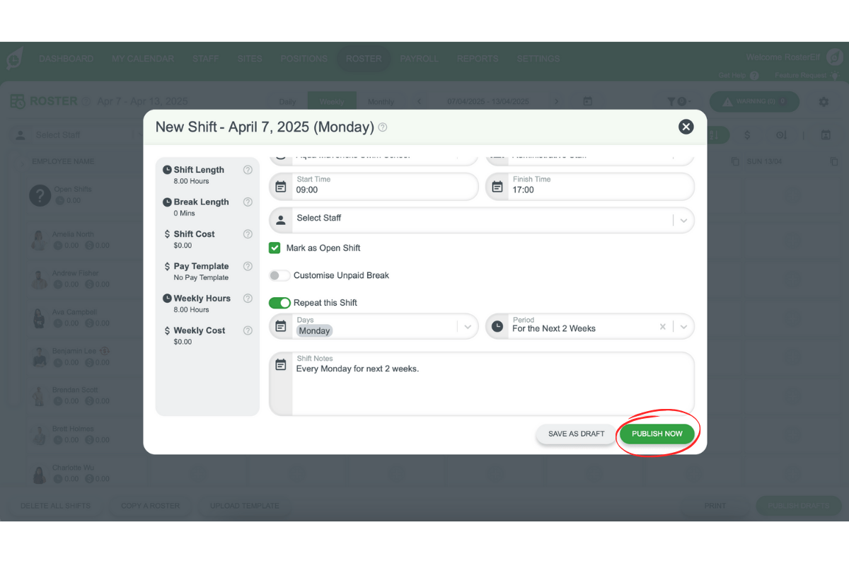 Screenshot of the Publish Shift button in RosterElf shift modal
