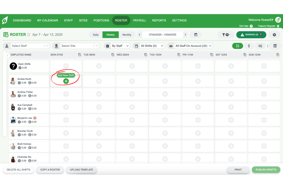 Screenshot of RosterElf weekly or monthly view showing plus icons inside cells
