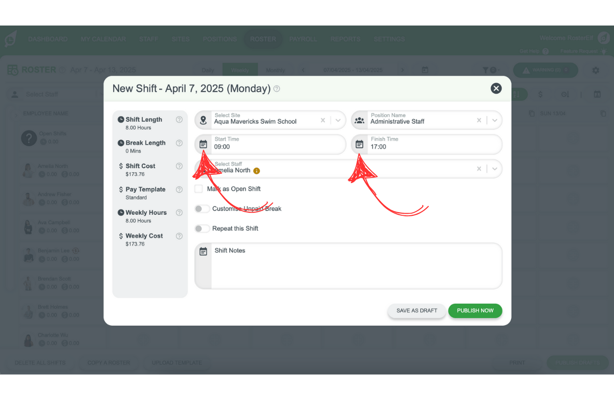 Screenshot of the time entry fields in the RosterElf shift modal
