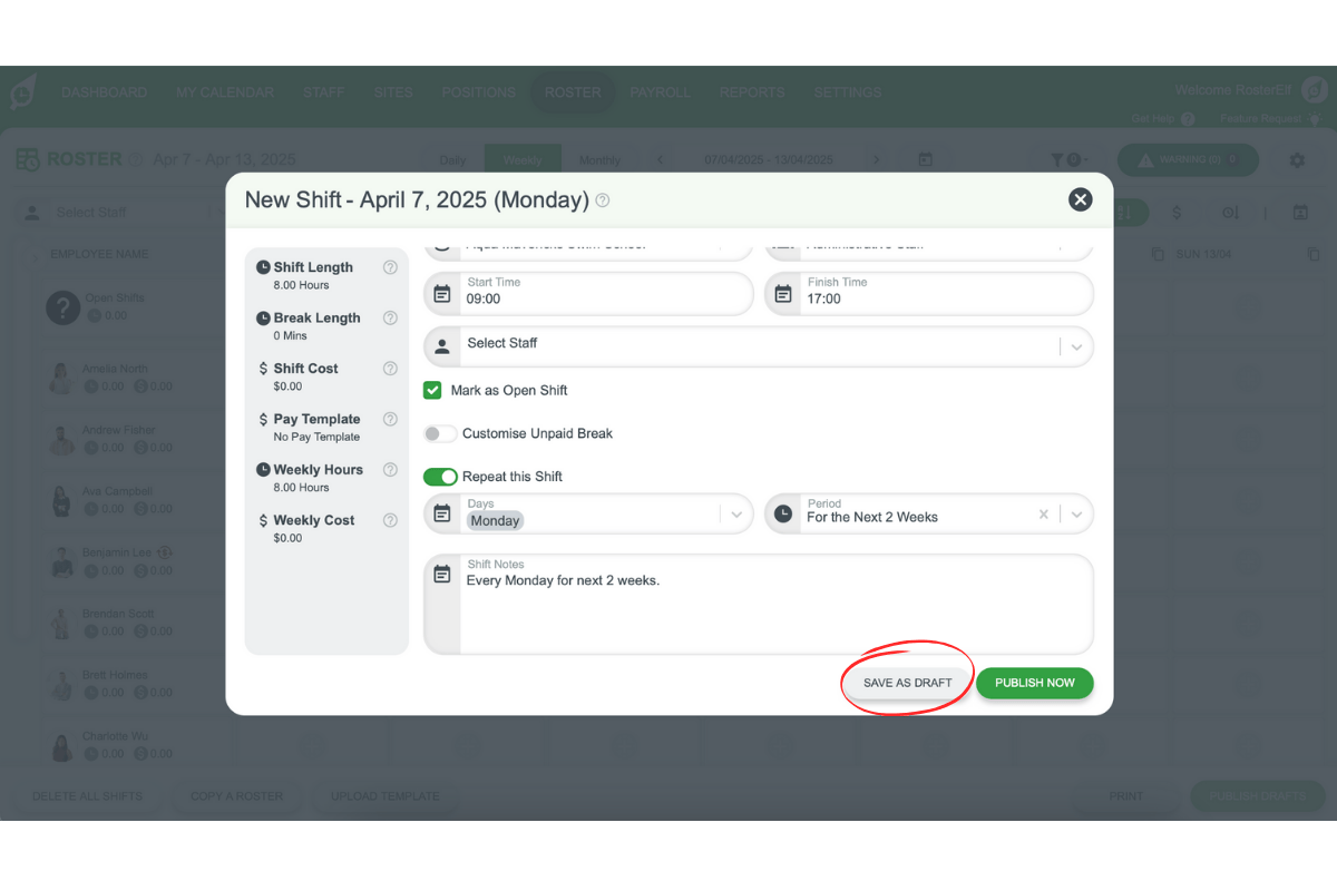 Screenshot of the Save as Draft button in the RosterElf shift modal