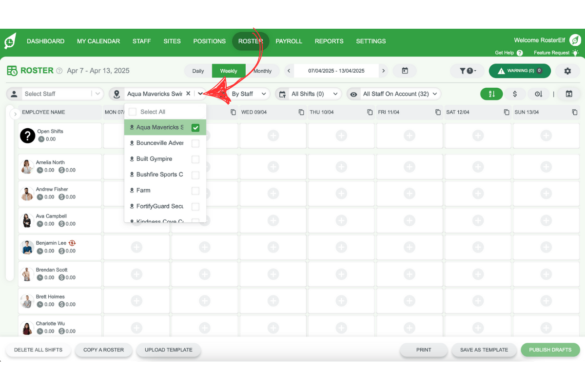 Screenshot illustrating site selection in RosterElf's site filter